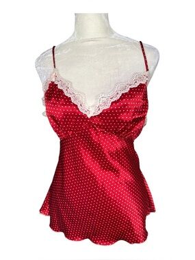 Vintage Y2K Red Satin Polka Dot Babydoll Cami Tank Top Size Large Lace Trim